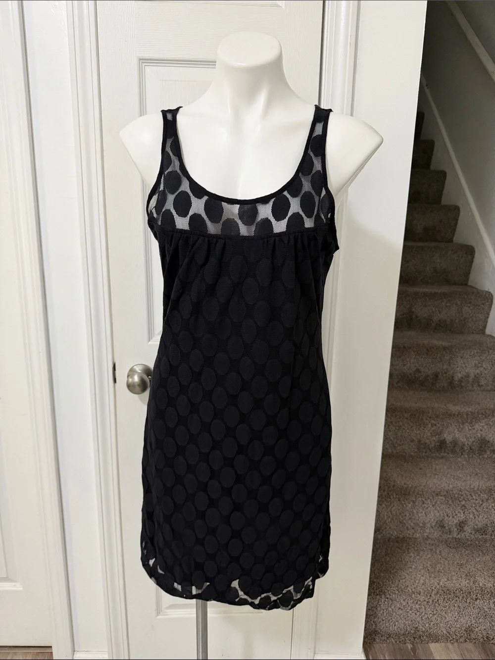INC International Concepts Black Sleeveless Mini Dress with Dot Mesh Overlay